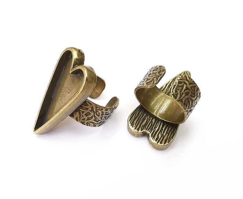 Heart Ring Blank Settings, Cabochon Mounting, Adjustable Antique Bronze Resin Ring Base Bezel, Inlay Mosaic Epoxy (34x16mm) G33974