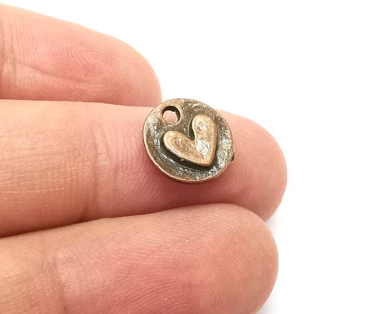 5 Heart (Double Sided) Disc Round Charms, Dangle Charms Antique Copper Plated (12mm) G33904