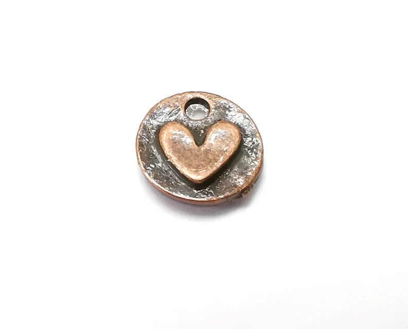 5 Heart (Double Sided) Disc Round Charms, Dangle Charms Antique Copper Plated (12mm) G33904