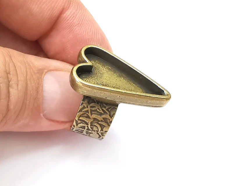 Heart Ring Blank Settings, Cabochon Mounting, Adjustable Antique Bronze Resin Ring Base Bezel, Inlay Mosaic Epoxy (24x12mm) G33980