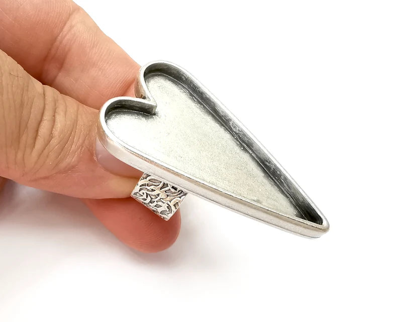 Large Heart Ring Blank Settings, Cabochon Mounting, Adjustable Antique Silver Resin Ring Base Bezel, Inlay Mosaic Epoxy (47x24mm) G33929