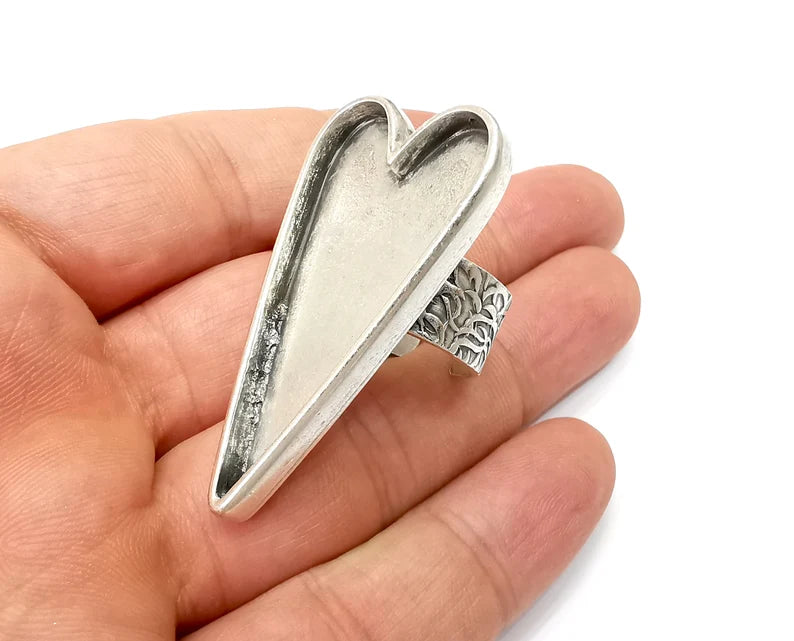 Large Heart Ring Blank Settings, Cabochon Mounting, Adjustable Antique Silver Resin Ring Base Bezel, Inlay Mosaic Epoxy (47x24mm) G33929