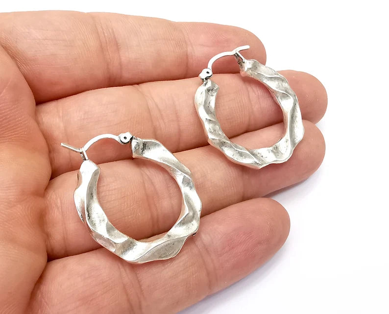 Organic Silver Hoop Earrings, Antique Silver Plated Hoop Earring, Findings (28mm) G33930