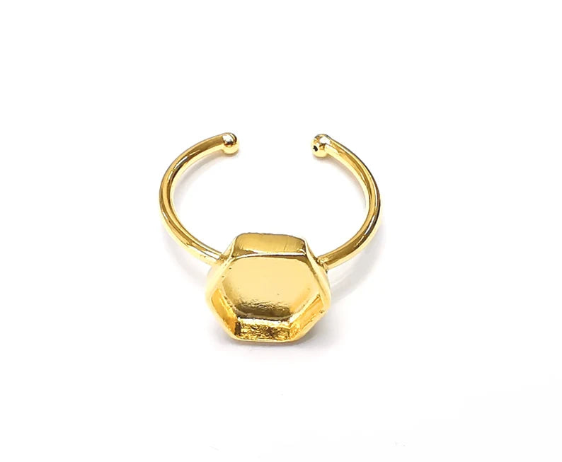 Hexagon Shiny Gold Ring Bezels Settings Resin Backs Cabochon Mounting Gold Plated Brass Adjustable Ring Base (8mm blank) G33982