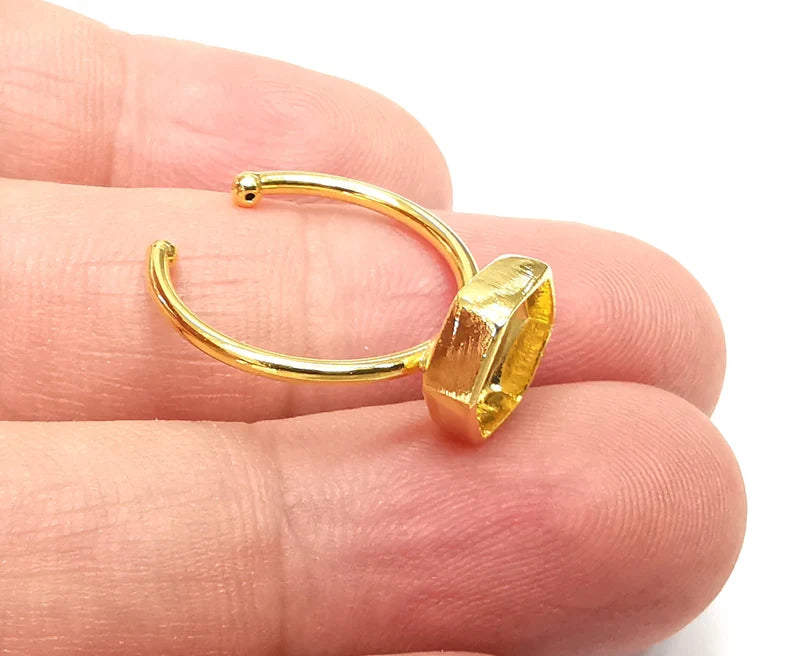 Hexagon Shiny Gold Ring Bezels Settings Resin Backs Cabochon Mounting Gold Plated Brass Adjustable Ring Base (8mm blank) G33982