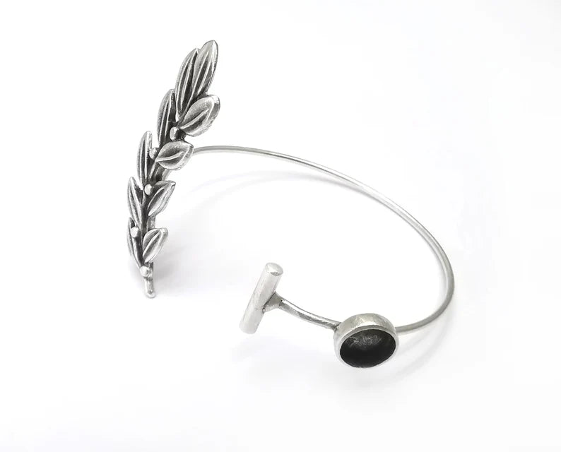 Branch Leaf Bracelet Bezel Cuff Blank Resin Mountings Cabochon Base Settings Antique Silver Plated Brass Adjustable Bracelet (8mm) G33992