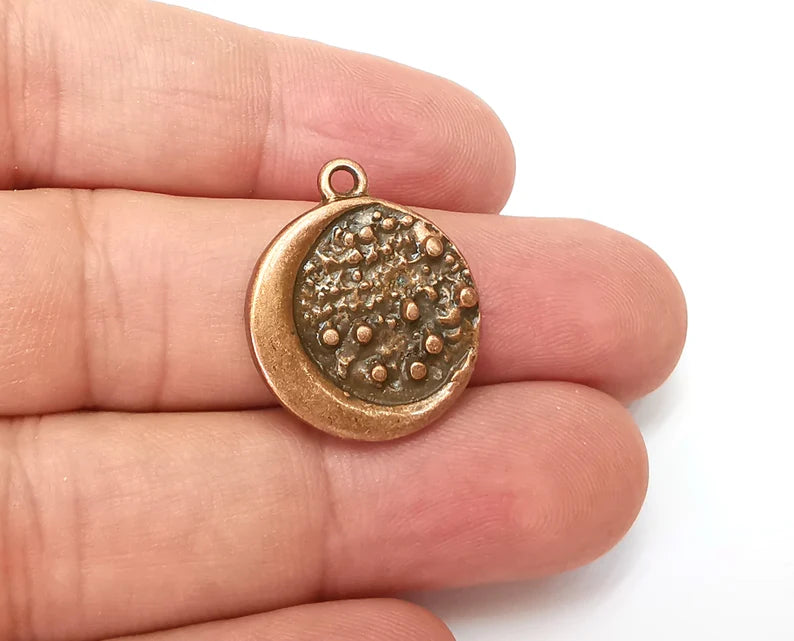 2 Crescent Stars Charms, Antique Copper Plated Round Charms (24x20mm) G33966