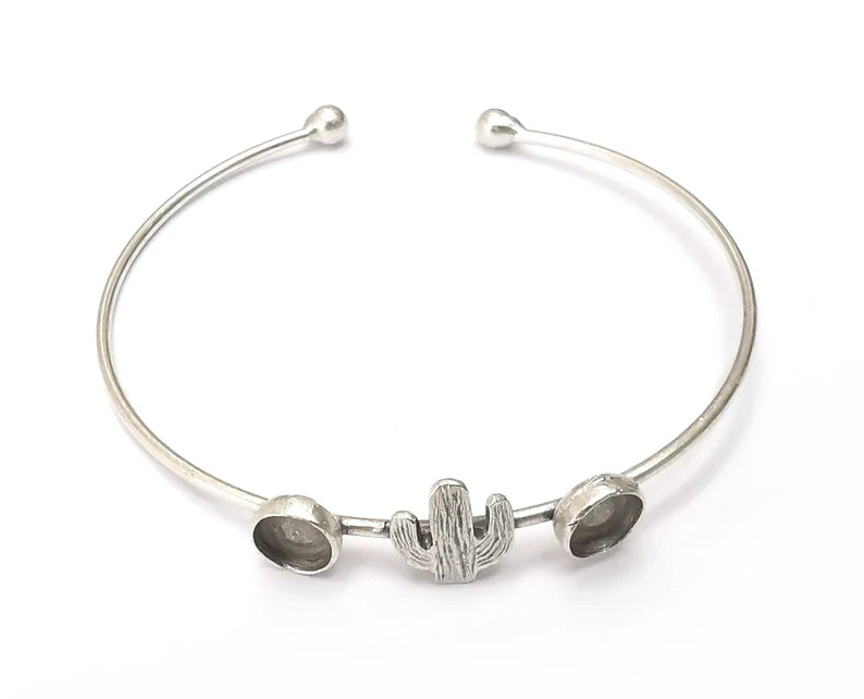 Cactus Bracelet Bezel Cuff Blank Resin Mountings Cabochon Base Settings Antique Silver Plated Brass Adjustable Bracelet (6mm) G33969