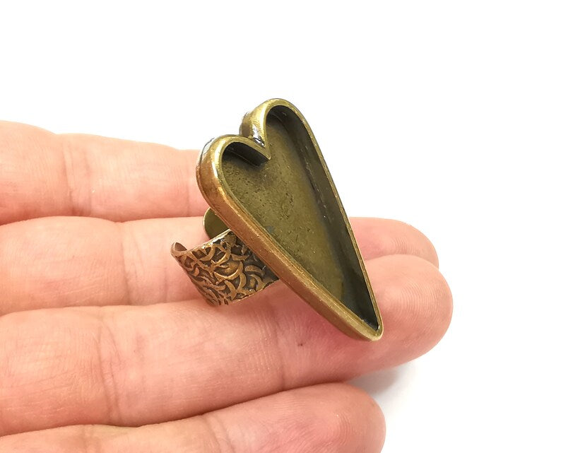 Heart Ring Blank Settings, Cabochon Mounting, Adjustable Antique Bronze Resin Ring Base Bezel, Inlay Mosaic Epoxy (34x16mm) G33974