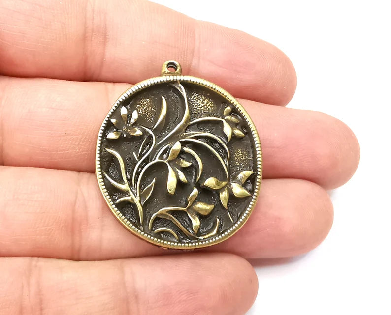 Flower Round Pendant, Charms, Antique Bronze Plated (39x34mm) G33976