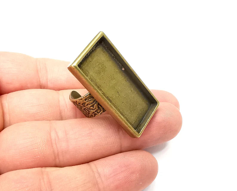 Rectangle Ring Blank Settings, Cabochon Mounting, Adjustable Antique Bronze Resin Ring Base Bezel, Inlay Mosaic Epoxy (35x16mm) G34034