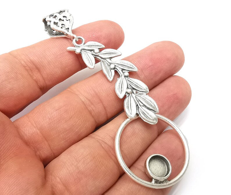 Branch, leaf pendant base setting bezel blank Antique silver plated brass pendant (90mm) (8mm blank) G34037