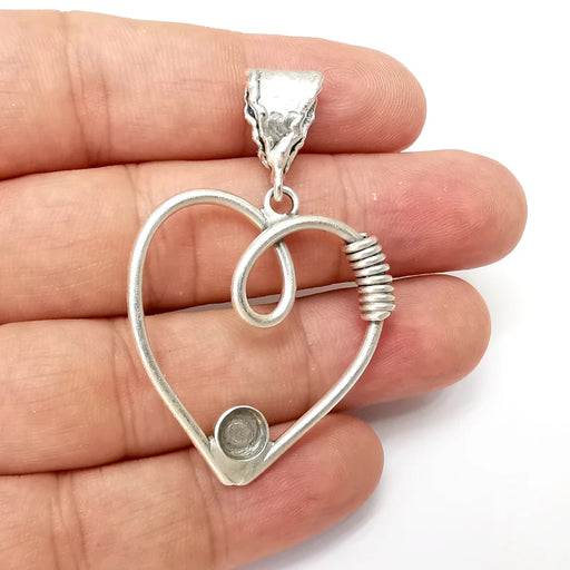 Heart Pendant Base Setting Bezel Blank Antique Silver Plated Brass Pendant (55mm) (6mm blank) G34045