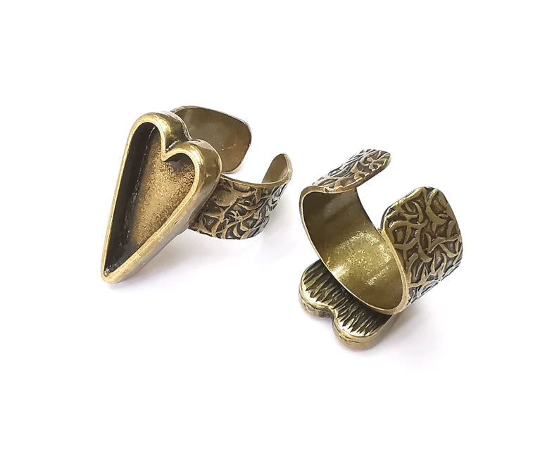 Heart Ring Blank Settings, Cabochon Mounting, Adjustable Antique Bronze Resin Ring Base Bezel, Inlay Mosaic Epoxy (24x12mm) G33980