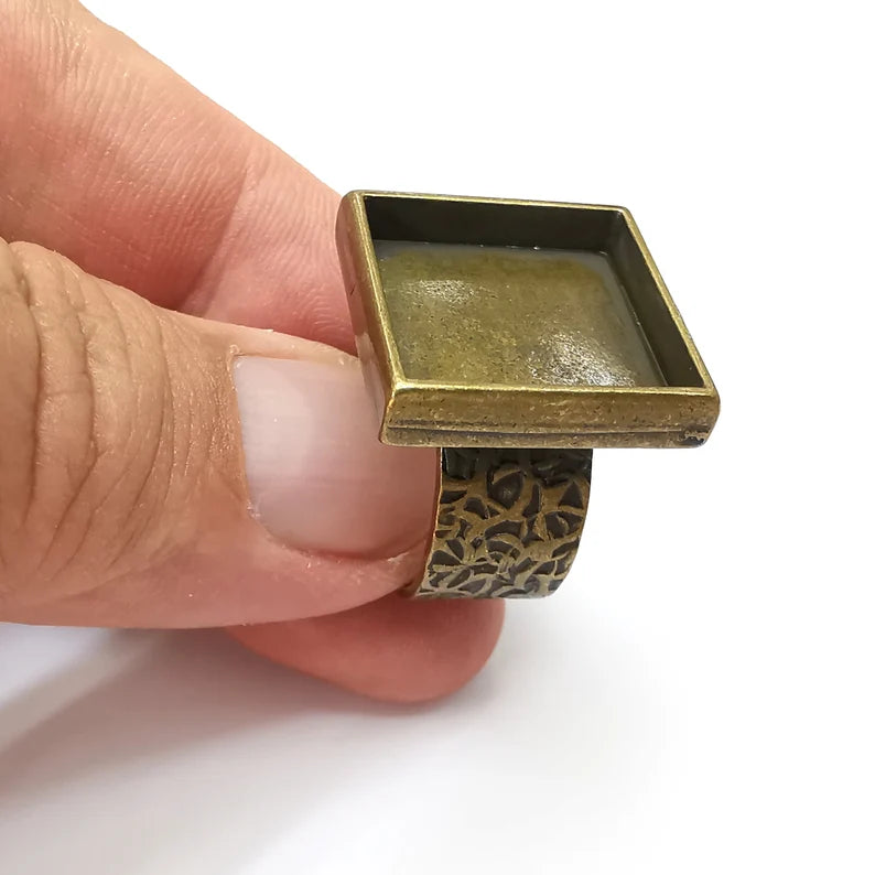Square Ring Blank Setting, Cabochon Mounting, Adjustable Resin Ring Base, Inlay Ring Blank Mosaic Bezels Antique Bronze Plated (20mm) G34055