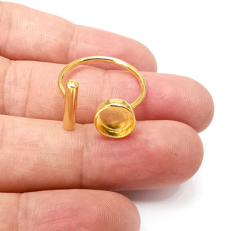 Rod Shiny Gold Ring Round Bezels Settings Resin Backs Cabochon Mounting Gold Plated Brass Adjustable Ring Base (8mm blank) G34064