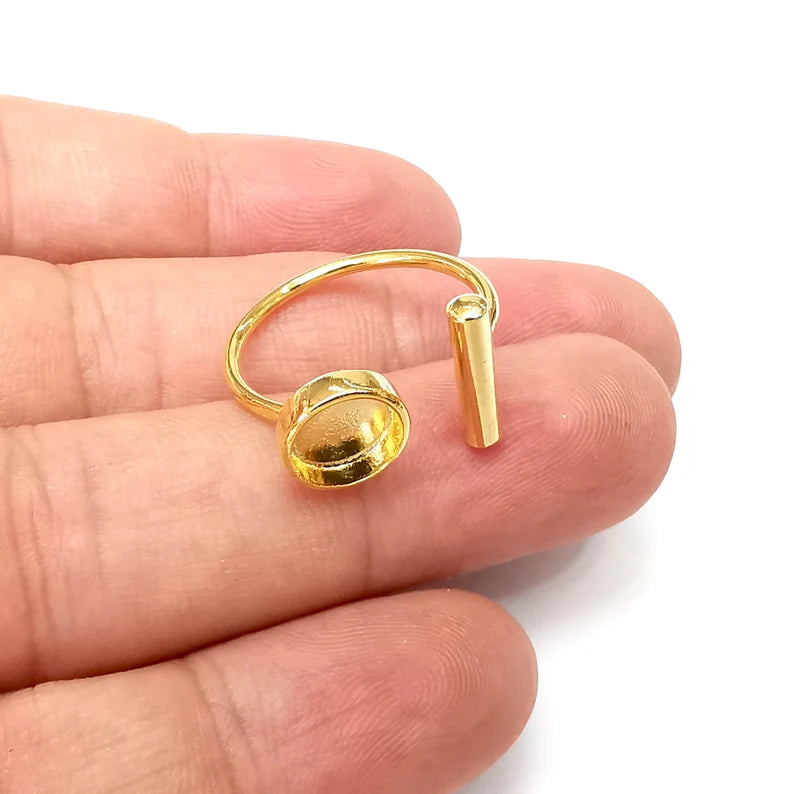 Rod Shiny Gold Ring Round Bezels Settings Resin Backs Cabochon Mounting Gold Plated Brass Adjustable Ring Base (8mm blank) G34064