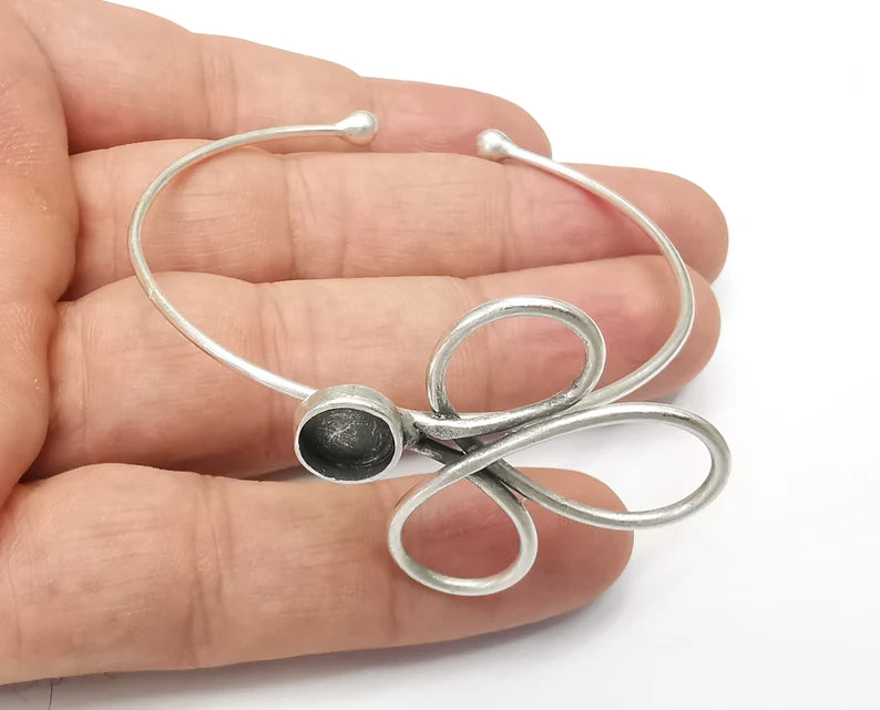 Silver Bracelet Bezel Cuff Blank Resin Mountings Cabochon Base Settings Antique Silver Plated Brass Adjustable Bracelet (8mm) G33993