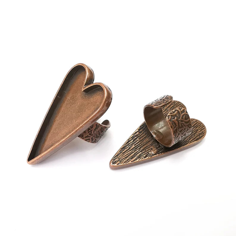 Heart Ring Blank Settings, Cabochon Mounting, Adjustable Antique Copper Resin Ring Base Bezel, Inlay Mosaic Epoxy (47x24mm) G34068