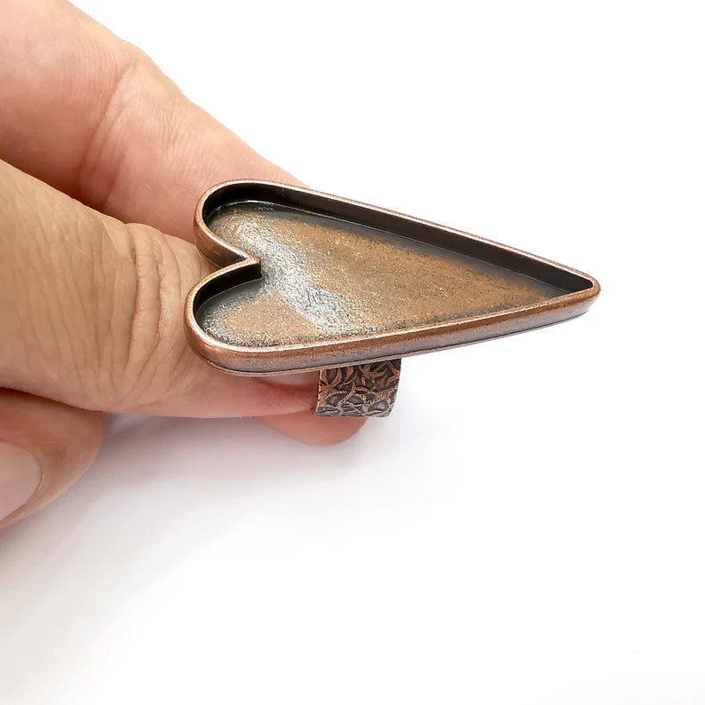 Heart Ring Blank Settings, Cabochon Mounting, Adjustable Antique Copper Resin Ring Base Bezel, Inlay Mosaic Epoxy (47x24mm) G34068