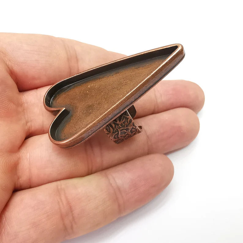Heart Ring Blank Settings, Cabochon Mounting, Adjustable Antique Copper Resin Ring Base Bezel, Inlay Mosaic Epoxy (47x24mm) G34068