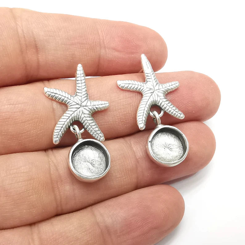 Starfish Earring, Dangle Earring Blank, Antique Silver Plated Brass Earring Base ( 10mm blanks ) G34071