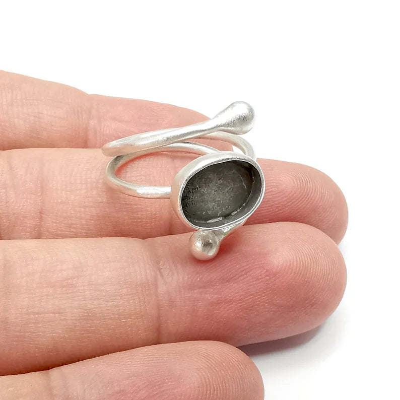 Wrap Ring Blank Settings, Cabochon Mounting, Adjustable Antique Silver Resin Ring Base Bezel, Inlay Mosaic Cabochon (11x8mm) G34072