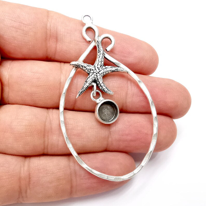 Starfish Drop Pendant Base Setting Bezel Blank Antique Silver Plated Brass Pendant (70mm) (8mm blank) G34078