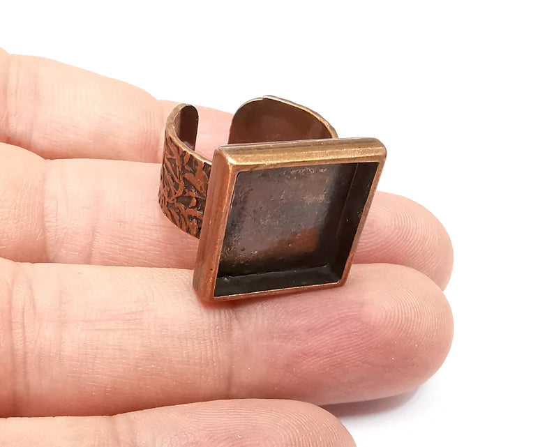 Square Antique Copper Ring Blank Setting, Cabochon Mounting, Adjustable Resin Ring Base Bezel, Inlay Ring Mosaic Ring Bezel (16x16mm) G34006