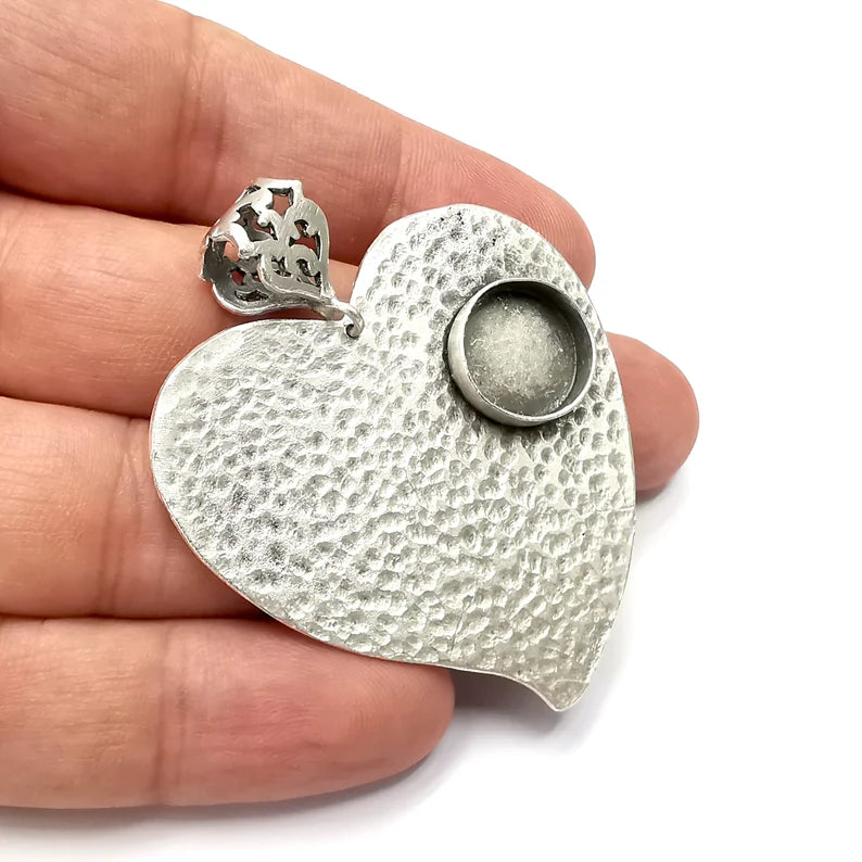 Heart Pendant Base Setting Bezel Blank Antique Silver Plated Brass Pendant (60mm) (14mm blank) G34079