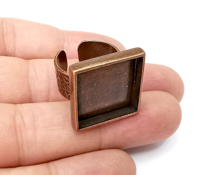 Square Ring Blank Setting, Cabochon Mounting, Adjustable Resin Ring Base, Inlay Ring Blank Mosaic Bezels Antique Copper Plated (20mm) G34028