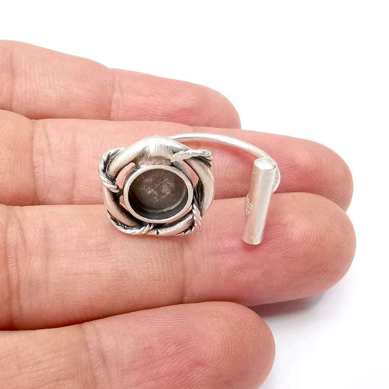 Rod Ring Blank Settings, Cabochon Mounting, Adjustable Antique Silver Resin Ring Base Bezel, Inlay Mosaic Cabochon (8mm) G34083