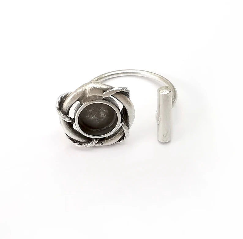 Rod Ring Blank Settings, Cabochon Mounting, Adjustable Antique Silver Resin Ring Base Bezel, Inlay Mosaic Cabochon (8mm) G34083