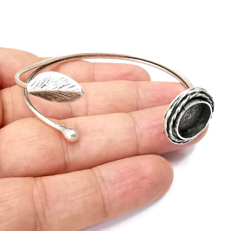 Leaf Bracelet Bezel Cuff Blank Resin Mountings Cabochon Base Settings Antique Silver Plated Brass Adjustable Bracelet (12 mm) G34085