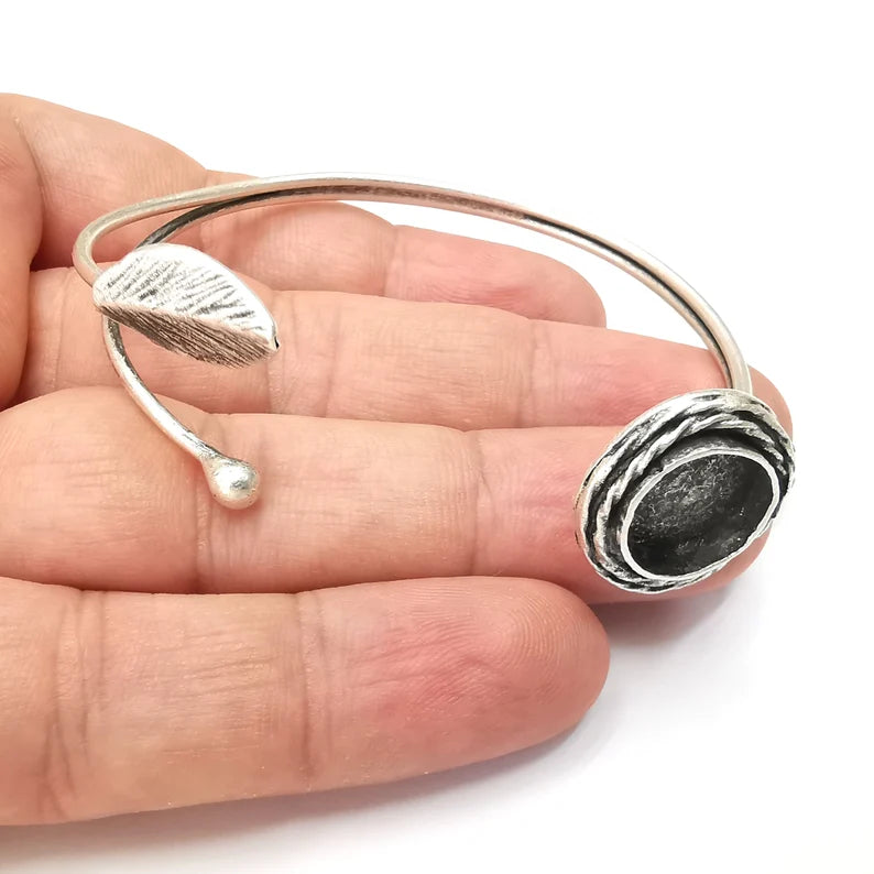 Leaf Bracelet Bezel Cuff Blank Resin Mountings Cabochon Base Settings Antique Silver Plated Brass Adjustable Bracelet (12 mm) G34085