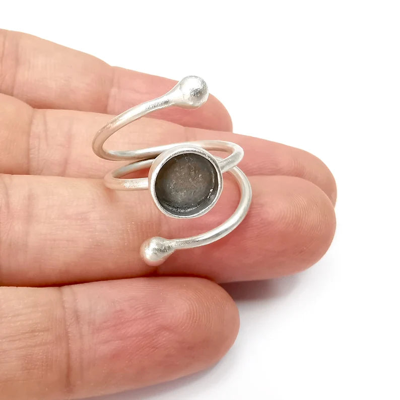 Wrap Ring Blank Settings, Cabochon Mounting, Adjustable Antique Silver Resin Ring Base Bezel, Inlay Mosaic Cabochon (8mm) G34086
