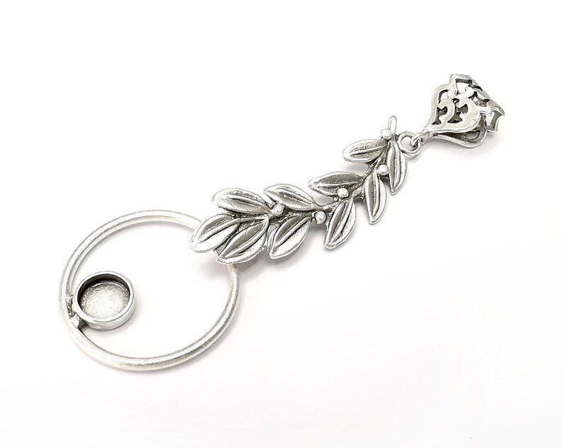 Branch, leaf pendant base setting bezel blank Antique silver plated brass pendant (90mm) (8mm blank) G34037