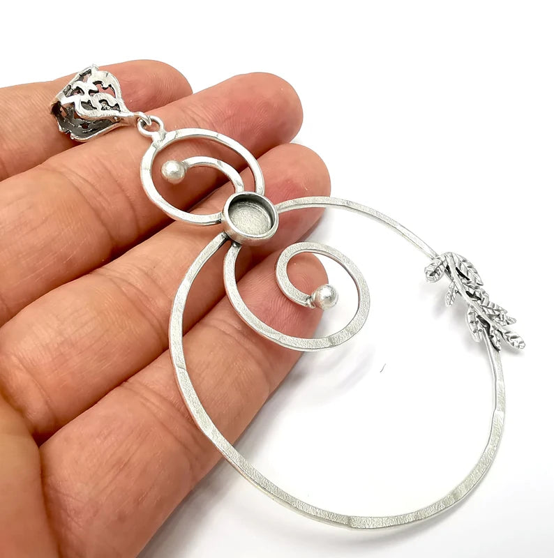 Swirl Pendant Base Setting Bezel Blank Antique Silver Plated Brass Pendant (100mm) (8mm blank) G34042