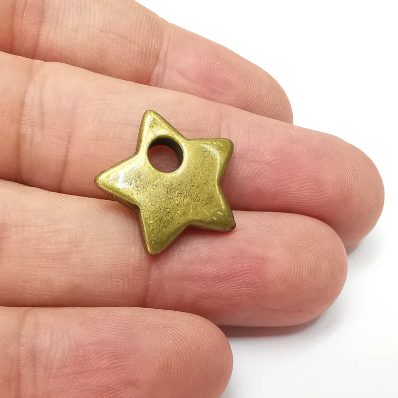 2 Star Big Hole Charms, Flat Charms, Antique Bronze Plated (21mm) G34050