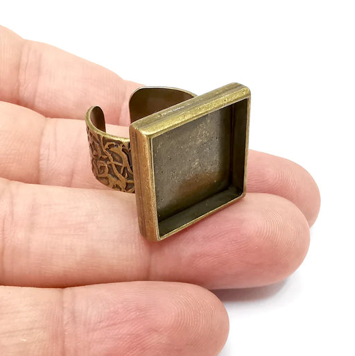 Square Ring Blank Setting, Cabochon Mounting, Adjustable Resin Ring Base, Inlay Ring Blank Mosaic Bezels Antique Bronze Plated (20mm) G34055
