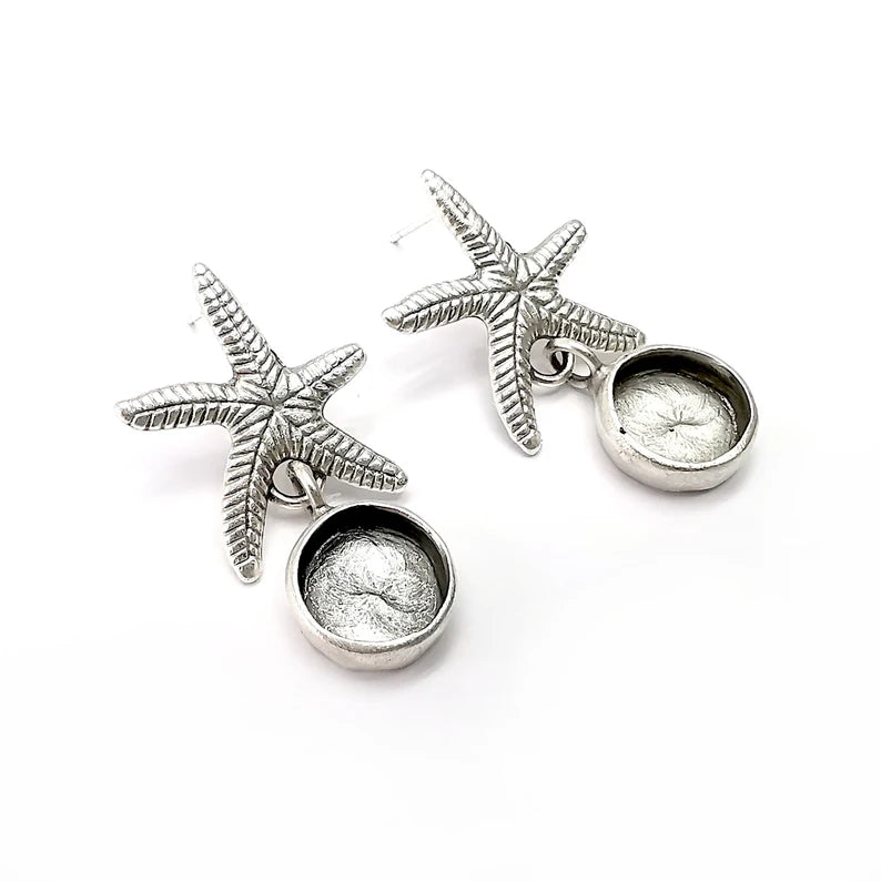 Starfish Earring, Dangle Earring Blank, Antique Silver Plated Brass Earring Base ( 10mm blanks ) G34071