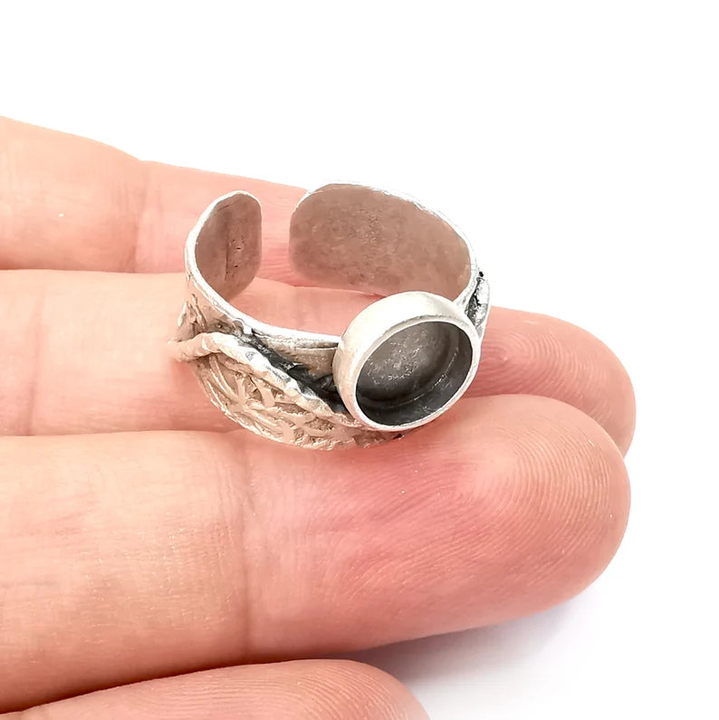 Band Ring Blank Settings, Cabochon Mounting, Adjustable Antique Silver Resin Ring Base Bezel, Inlay Mosaic Cabochon (8mm) G34087