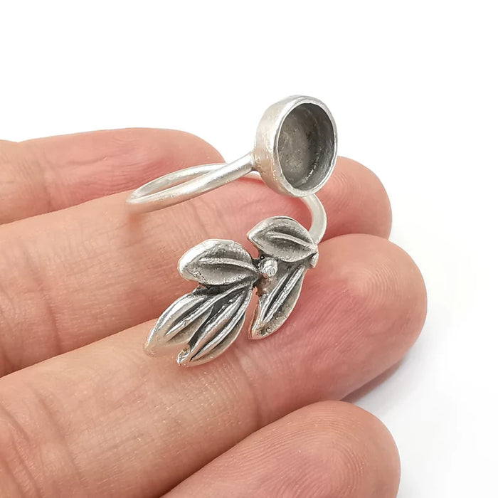 Leaf Branch Ring Blank Settings, Cabochon Mounting, Adjustable Antique Silver Resin Ring Base Bezel, Inlay Mosaic Cabochon (8mm) G34088