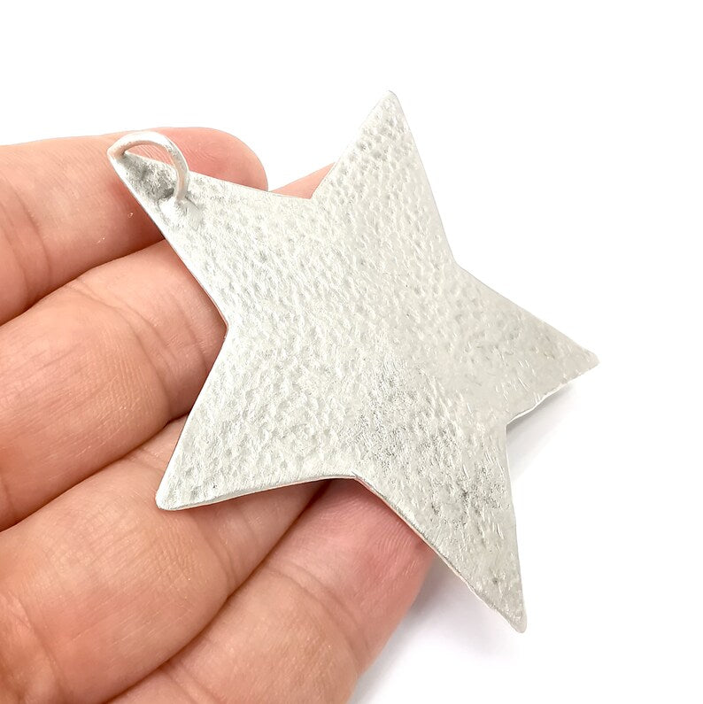 Star Pendant Base Setting Bezel Blank Antique Silver Plated Brass Pendant (68mm) (14mm blank) G34090
