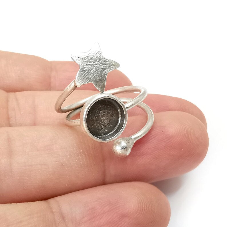 Star Ring Blank Settings, Cabochon Mounting, Adjustable Antique Silver Resin Ring Base Bezel, Inlay Mosaic Cabochon (8mm) G34091