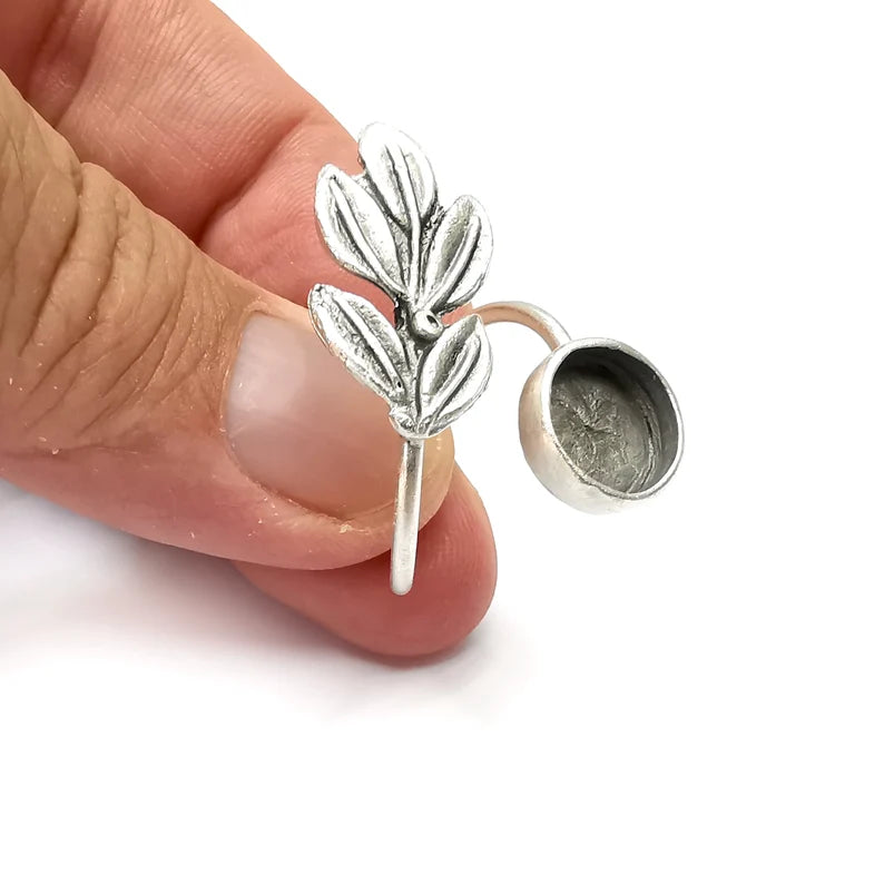 Leaf Circle Ring Blank Settings, Cabochon Mounting, Adjustable Antique Silver Resin Ring Base Bezel, Inlay Mosaic Cabochon (10mm) G34075