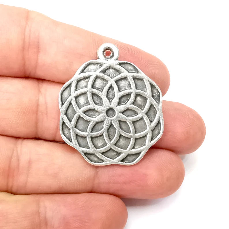 Flower Charms, Antique Silver Plated (37x32mm) G34095