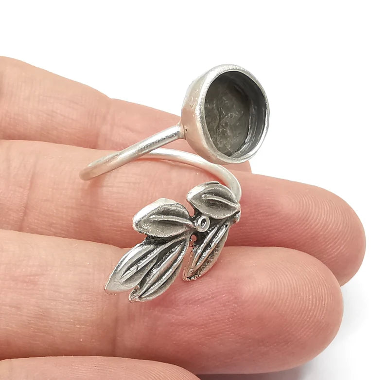 Leaf Circle Ring Blank Settings, Cabochon Mounting, Adjustable Antique Silver Resin Ring Base Bezel, Inlay Mosaic Cabochon (10mm) G34075