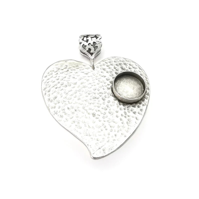 Heart Pendant Base Setting Bezel Blank Antique Silver Plated Brass Pendant (60mm) (14mm blank) G34079