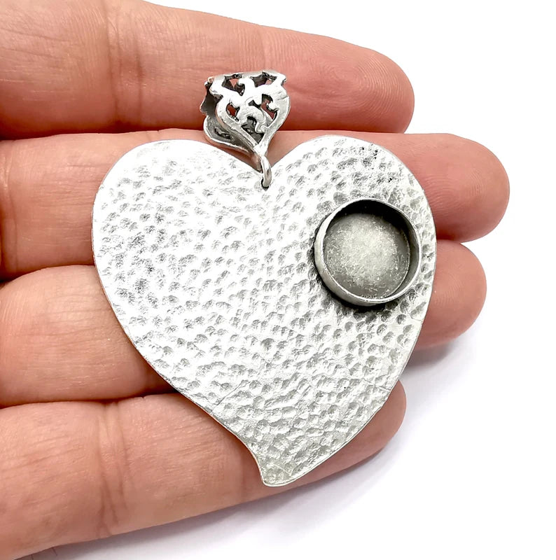 Heart Pendant Base Setting Bezel Blank Antique Silver Plated Brass Pendant (60mm) (14mm blank) G34079